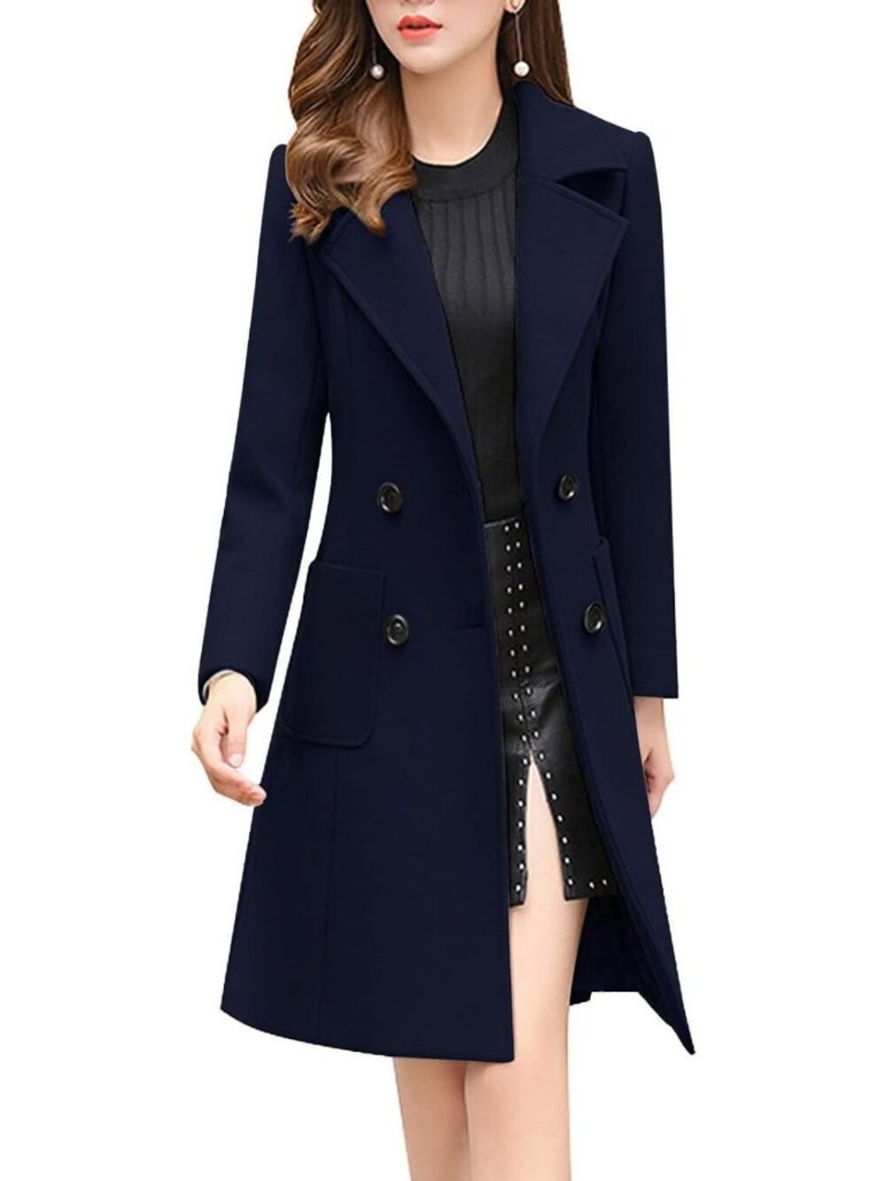 Chic Women's Wool Blend Pea Coat, Double Breasted, Notched Lapel, Warm Winter